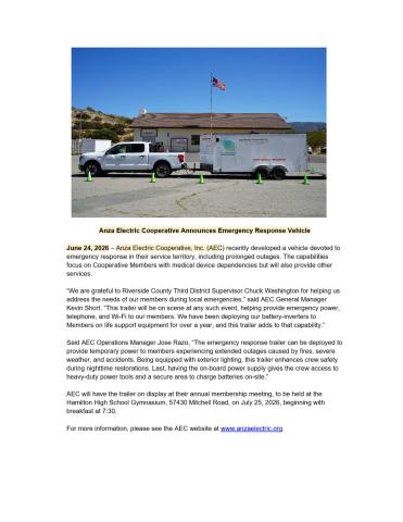 Anza Electric Cooperative Announces Emergency Response Vehicle